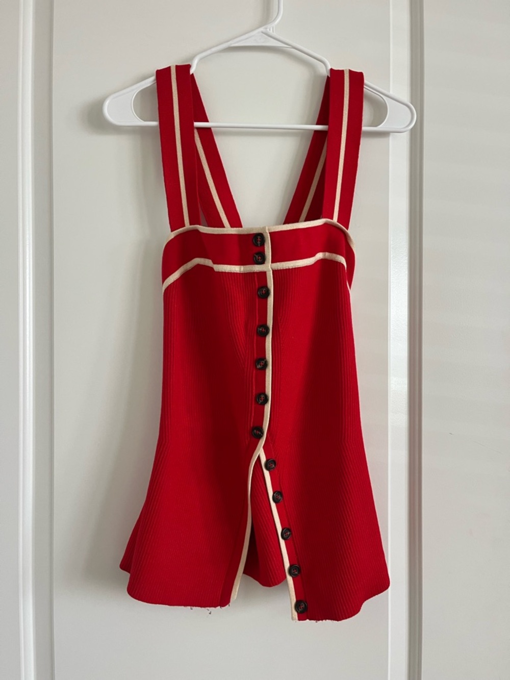 Maeve Red Knit Pinafore with Cream Trim